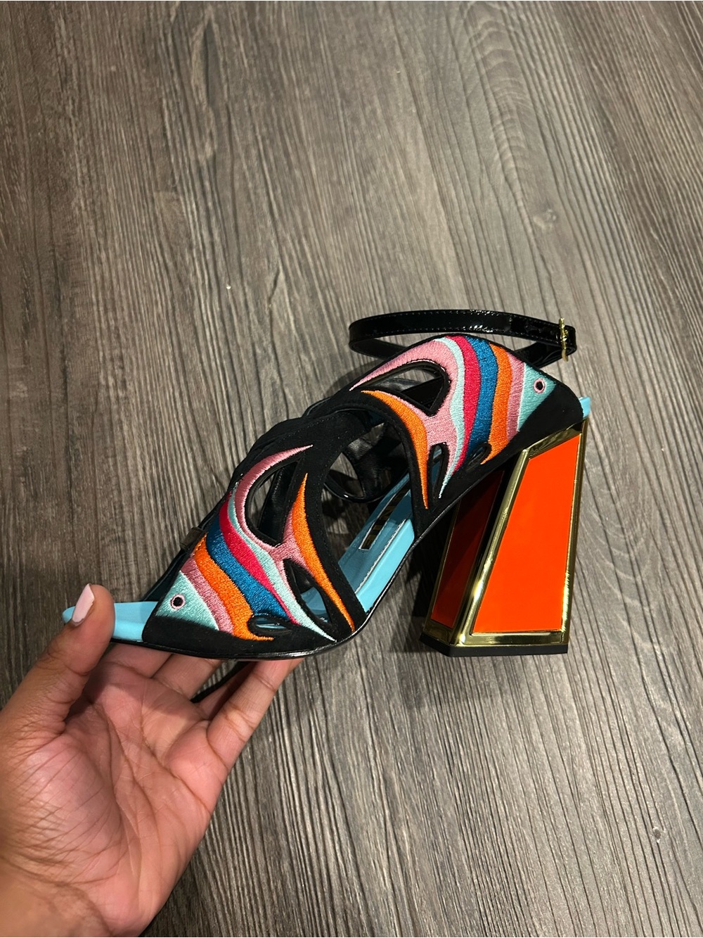 Bold Multicolor Cutout Block Heel Sandal - Black, Orange, Pink & Blue